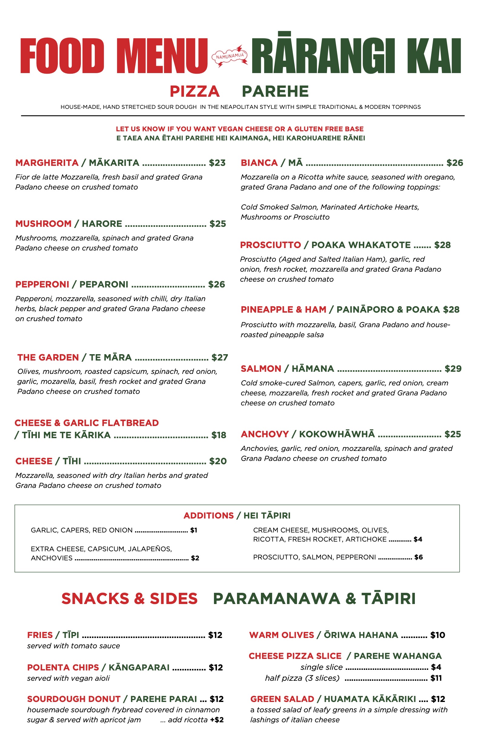 Pizza menu